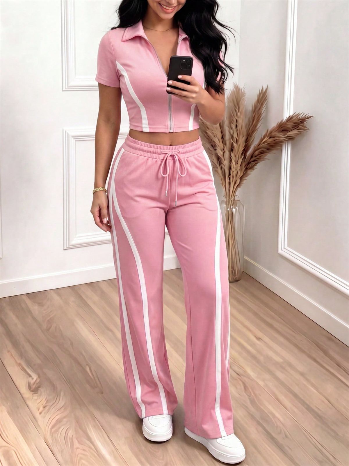 Women's Clothing Slim Fit Color Blocked Jacket And Straight Leg Trousers Set Spring Summer Two-Piece Outfit Short Sleeved_ecoleips.com