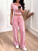 Women's Clothing Slim Fit Color Blocked Jacket And Straight Leg Trousers Set Spring Summer Two-Piece Outfit Short Sleeved_ecoleips.com