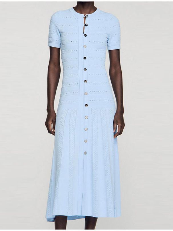 French Style Slim Waist Commute Temperament Button Down Short Sleeve Knit Dress For Women Elegant Daily Office Wear_ecoleips.com