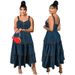 Plus Size Women's Denim Dress - Sleeveless Strappy Long Maxi Washed Denim Jumper_ecoleips.com