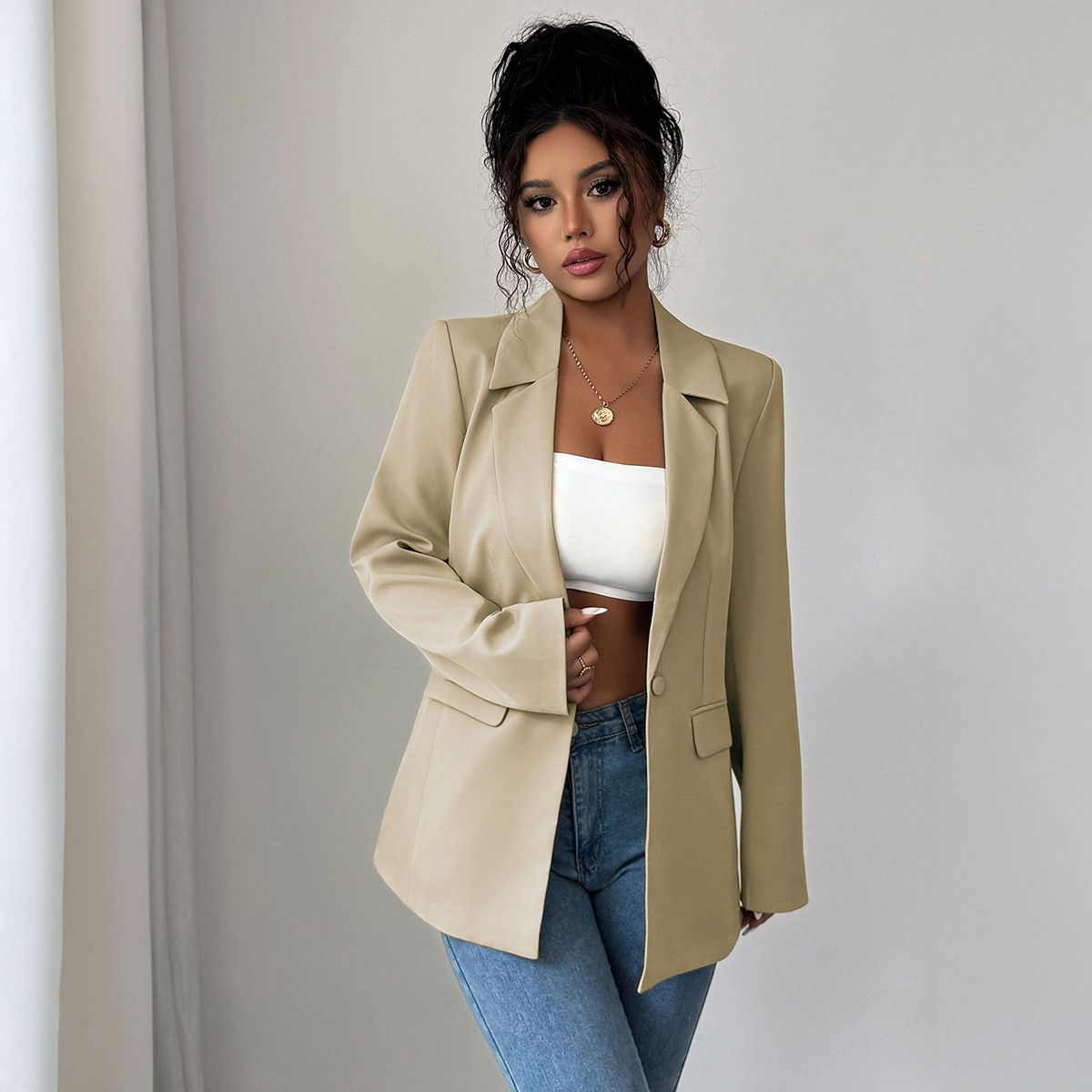 Women's Clothing Elegant Women's Blazer Jacket - Long Sleeve Solid Color Formal Coat For Office & Business (Black, Beige, Khaki, Green) - S/M/L/XL_ecoleips.com