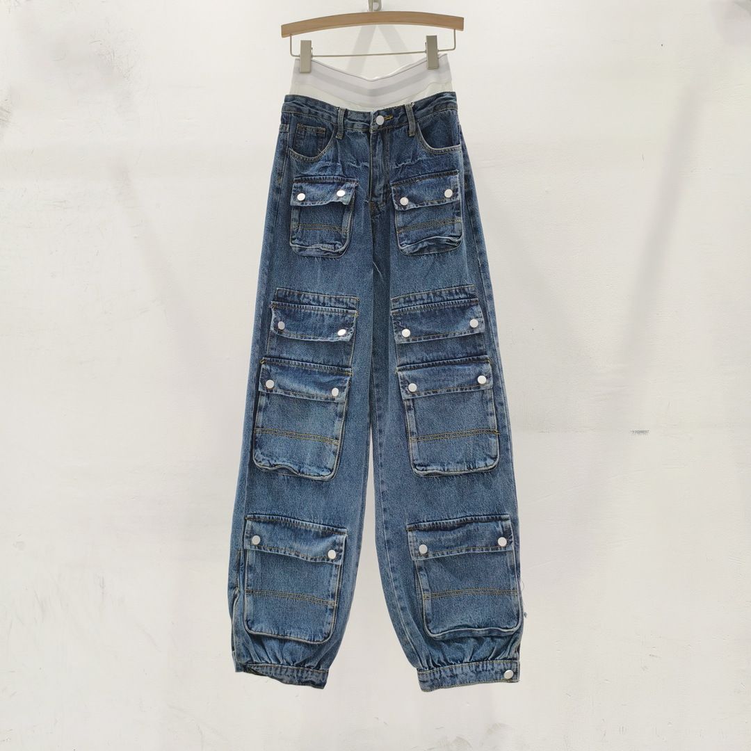 Women's Clothing Workwear Design Denim Leggings For Women Spring New Multi Pocket High Waist Slim Harem Trousers_ecoleips.com