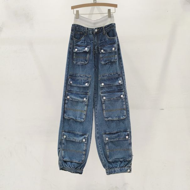 Women's Clothing Workwear Design Denim Leggings For Women Spring New Multi Pocket High Waist Slim Harem Trousers_ecoleips.com