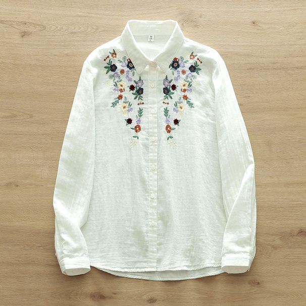 Women's Cotton Long-sleeve Shirt With Floral Embroidery, Soft And Skin-friendly, Pure Cotton, Loose-fitting, Spring Top_ecoleips.com