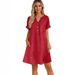 Elegant V-Neck Short Sleeve Shirt Dress Button Detail Lightweight Blend A-Line Cut Women Multiple Colors Available_ecoleips.com