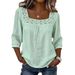 2026 New Summer Solid Color Casual Square Neck Lace Trim Three-Quarter Cotton-Linen Short Sleeve Top For Women On_ecoleips.com