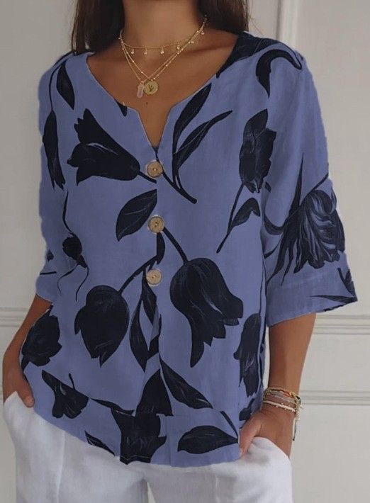 New Print Cotton-Linen V-Neck Short-Sleeve Pullover Shirt_ecoleips.com