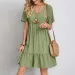 2026 Loose V-neck Short Sleeved Pleated Women Dress Solid Color A-line Beach Dresses Elegant Simple Comfortable Woman Clothing_ecoleips.com