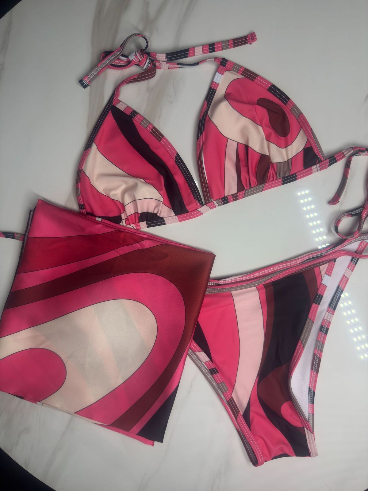 Pink Striped Silk Bikini Set Women's Fashionable Cover-Up Beachwear Sexy Vacation Style Swimsuit For All Seasons_ecoleips.com