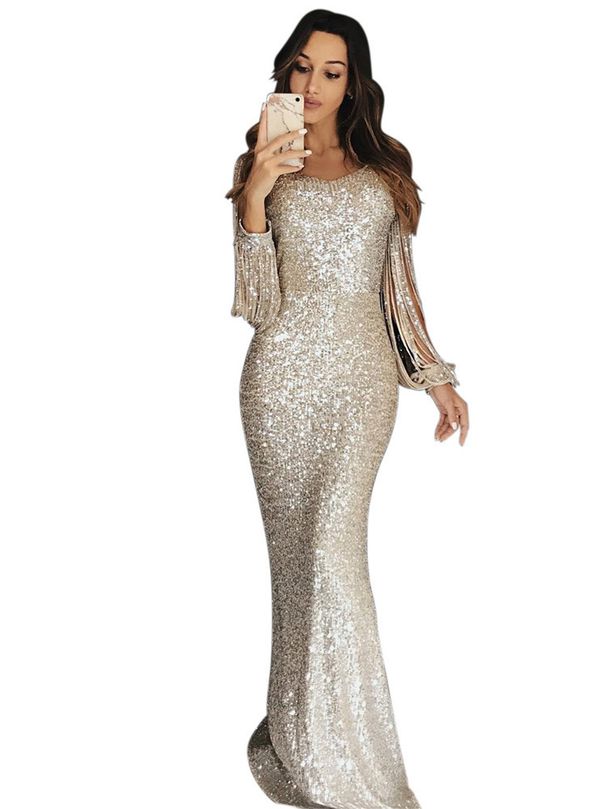 Women's Autumn Winter Elegant Ladies New Long Dress Evening Gown Lantern Sleeve Sequin Tassel Dinner Party Dress_ecoleips.com