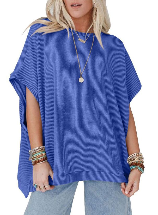 Women's Clothing Summer Solid Color Knitted Oversized Pullover Round Neck Bat Sleeve T Shirt Female_ecoleips.com