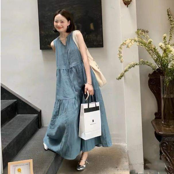 Korean Chic Summer Niche Style Round-neck Sleeveless Backless Tie-up Casual Loose Denim Tank Dress_ecoleips.com