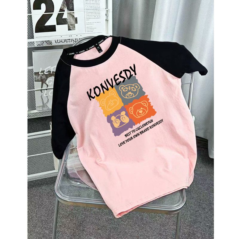 Women's American Retro Short Sleeve T-Shirt Summer Style Raglan Color Block Heavyweight Cotton Loose Fit Couple Top_ecoleips.com