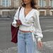 Women's European American Style Crossover V-Neck Base Knit Top Irregular Tie Short Pullover for Autumn Winter Fashion_ecoleips.com