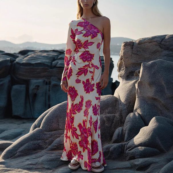 European And American 2025 New Rose Print Satin Dress Female Oblique Shoulder Temperament Long Skirt_ecoleips.com