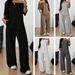 Women's Asymmetrical Neck Wide Leg Jumpsuit Set Casual Knit Two Piece Outfit with 5/4 Sleeve T-Shirt And Trousers Solid Color Loungewear_ecoleips.com