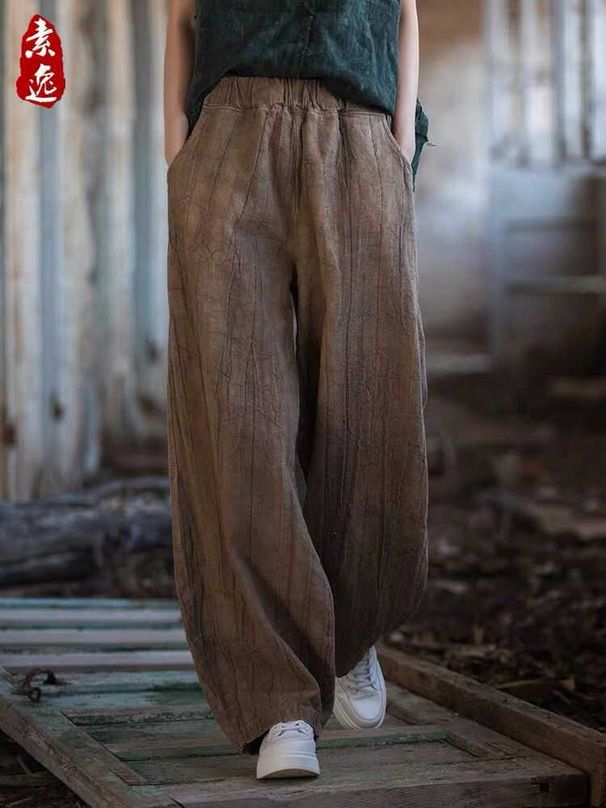 Suitable For All Seasons Brand Gray French Yarn-Dyed Loose Wide-Leg Ramie Vintage Cotton Linen Long Women Lantern Pants_ecoleips.com