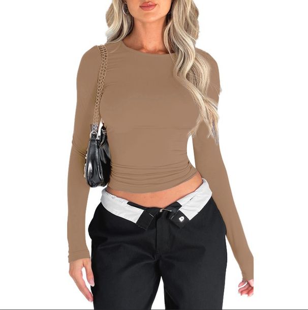 Women's Clothing Casual Long Sleeved T Shirts Spring And Autumn Solid Color Slim Fit Pullover T Shirts Women's Streetwear Bottoming Shirts Tops_ecoleips.com