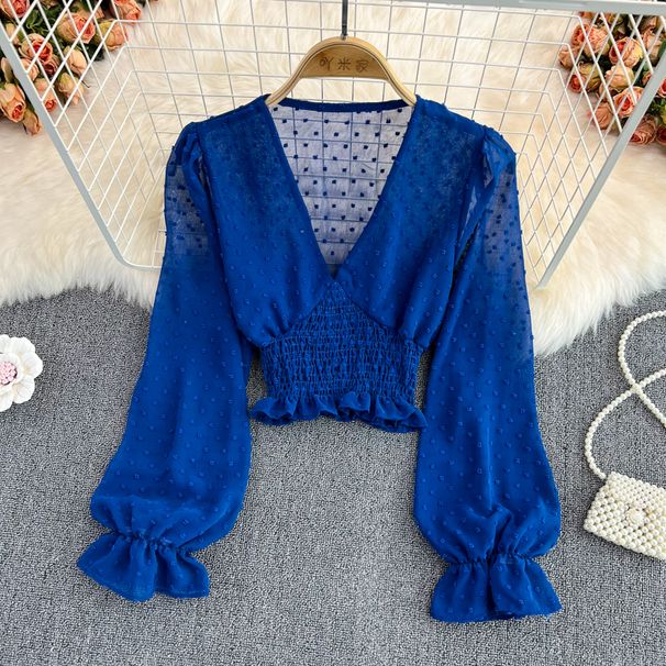 French V Neck Crossover Slim Fit Chiffon Blouse Women's Polka Dot Puff Sleeve Casual Top Waist Cinching Short Style Spring Autumn_ecoleips.com