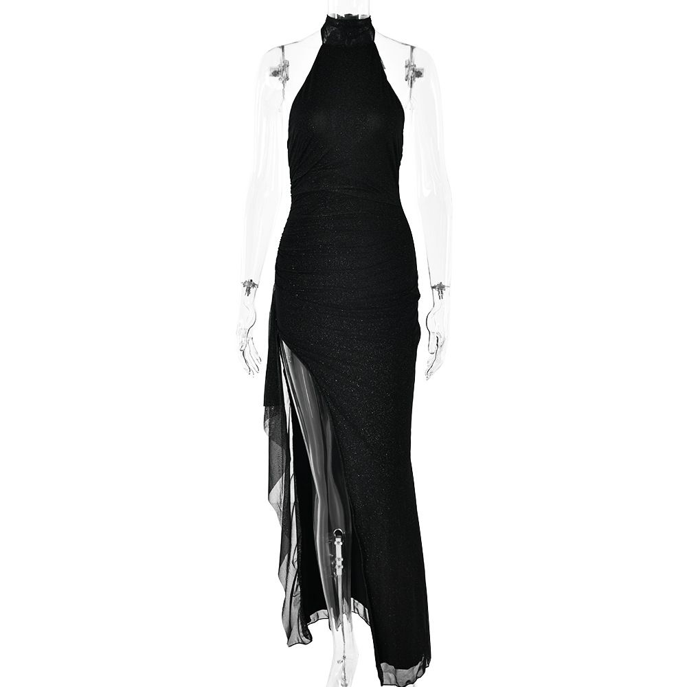 Elegant Chiffon Halter Neck Dress – High Slit & Backless Design For Evening & Party_ecoleips.com