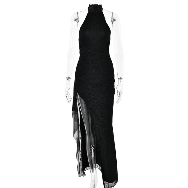 Elegant Chiffon Halter Neck Dress – High Slit & Backless Design For Evening & Party_ecoleips.com