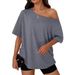 Women's Casual Fashion Asymmetrical Neck T-Shirt Knit Short Sleeve Top European American Style_ecoleips.com