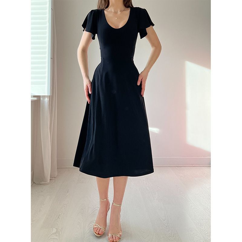 Women's Clothing Summer New Solid Color Lotus Leaf Sleeve French Dress High End Mid Length Skirt_ecoleips.com