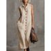 Solid Color Stand Collar Button Design Sleeveless Loose Cotton Linen Casual Dress For Women Daily Leisure Wear_ecoleips.com