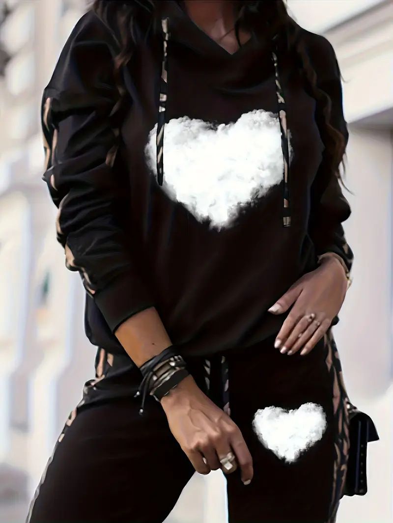 Women's European American Style Autumn Winter Casual Vacation Two Piece Set Hooded Long Sleeved Printed Shirt And Trousers 0051_ecoleips.com