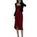 French Style Mid-Length Waist-Cinching Ruched Slimming Strap Dress For Women Black Long Sleeve Cardigan Two-Piece Set_ecoleips.com