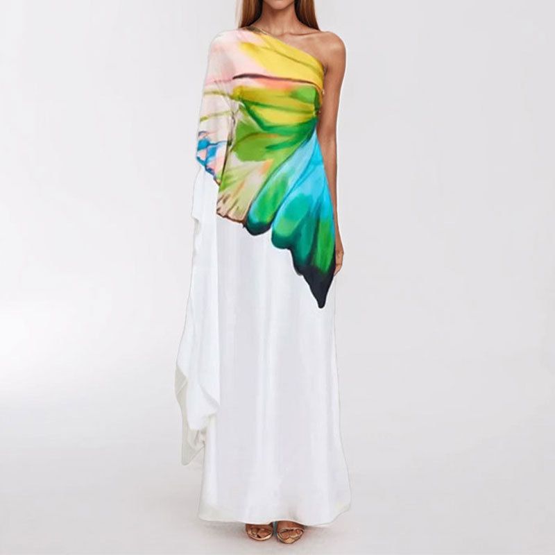 Women's Clothing Temperament Elegant Printing Greek Style One Shoulder Slit Long Dress_ecoleips.com