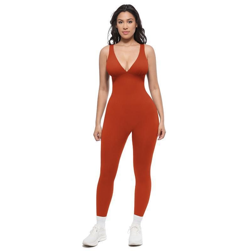 2026 Elastic Fitness Sleeveless V-Neck Belly Slim-fit Sports Yoga Onesie Beauty Back Jumpsuit Pants Women_ecoleips.com