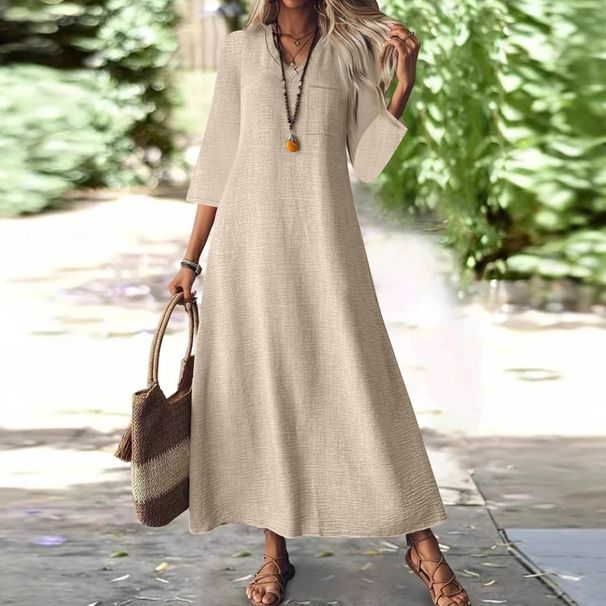 This Three-Quarter Sleeve Dress With A Zipper At The Back, Made Of Cotton And Linen In Solid Color And Fashionable_ecoleips.com
