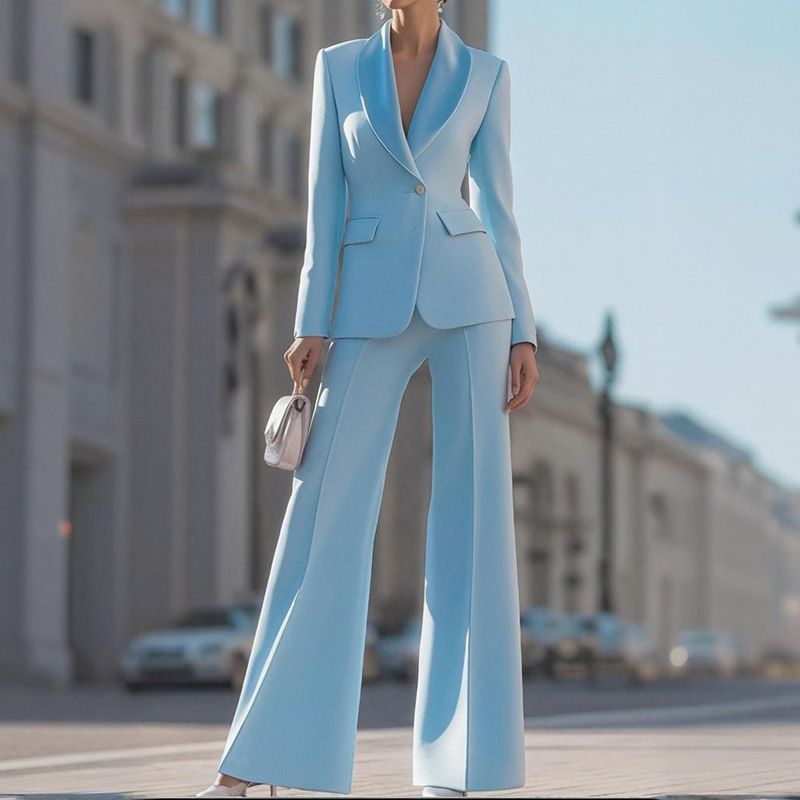 Women's Professional Suit Set – Solid Blue Long-Sleeve Blazer & Straight Trousers (S-XL, Autumn/Winter)_ecoleips.com