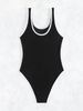 Ribbed Textured Contrast Trim Wide Strap U Neck High Cut One-Piece Swimsuit Women Summer Beach Bathing Suit_ecoleips.com