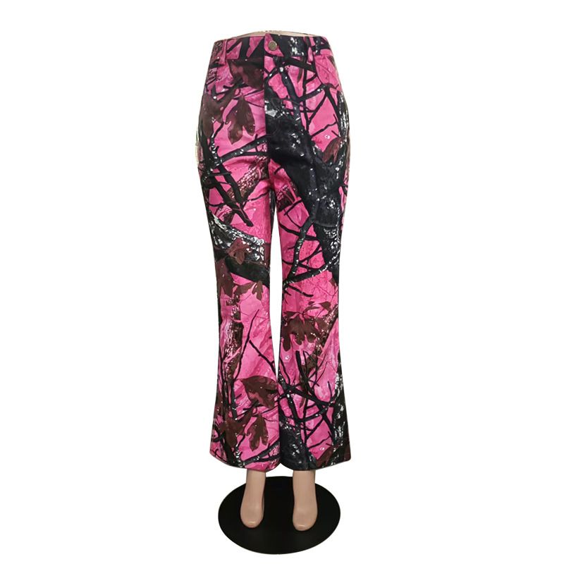 Women's Clothing Pink Camouflage High Waist Slim Street Fashion Flared Trousers_ecoleips.com