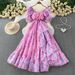 Women's French Style Chiffon Printed Dress Square Neck Puff Sleeve Ruffles Slimming And Flattering for Vacation_ecoleips.com