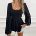Voya Women's Hot Selling Sexy Square Neck With Waist Closing, Popular Fried Dough Twists Texture Long Sleeve Top_ecoleips.com