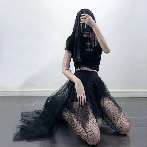 Verve Long Black Tulle For Women, Half With Irregular Design, Fairy Light Mature Style, Dark Gothic Spicy Girl Skirt_ecoleips.com
