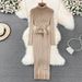 YuooMuoo Ins Hot Turtleneck Sexy Wrap Hips Knitted Dresses Women 2025 Autumn Winter Long Sleeve Bodycon Sweater Dress With Belt_ecoleips.com