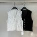 Elegant Sleeveless V-Neck Vest With Single-Breasted Buttons & Embroidered Lace Detail - Breathable Linen Blend Cropped Top For Women_ecoleips.com