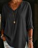 Women's Street Fashion V Neck Long Sleeve Cotton Linen Shirt Solid Color Loose Top European American_ecoleips.com