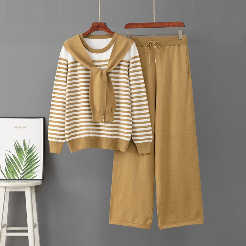 Women's Autumn Winter Fashion Knitted Set with Scarf Sweater And Wide Leg Pants Striped Casual Two-Piece European American Style_ecoleips.com