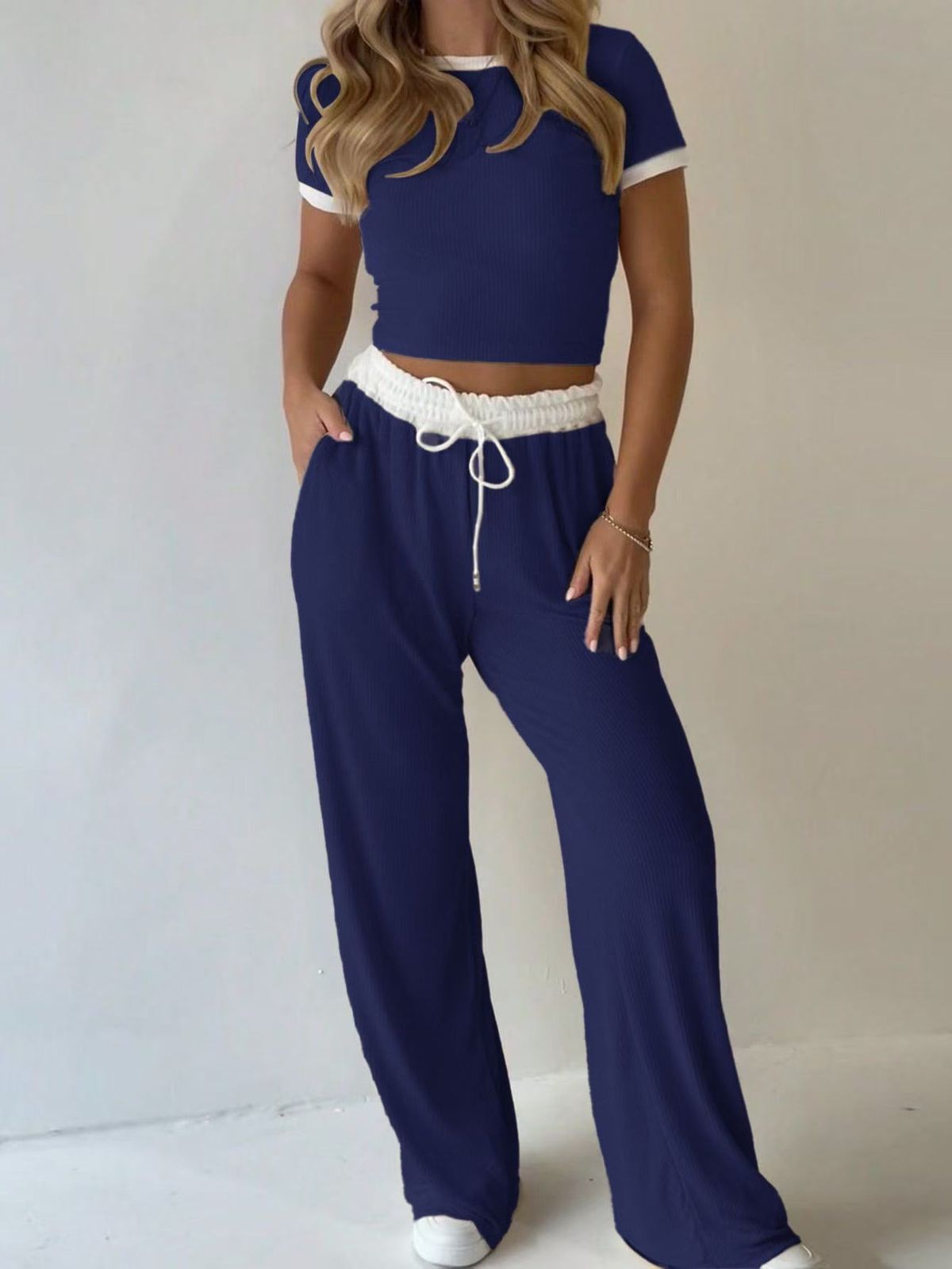 Women's Breathable Cotton Short Sleeve Top Wide-Leg Pants Set Casual Loungewear Workout Office Outfit_ecoleips.com
