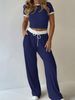 Women's Breathable Cotton Short Sleeve Top Wide-Leg Pants Set Casual Loungewear Workout Office Outfit_ecoleips.com