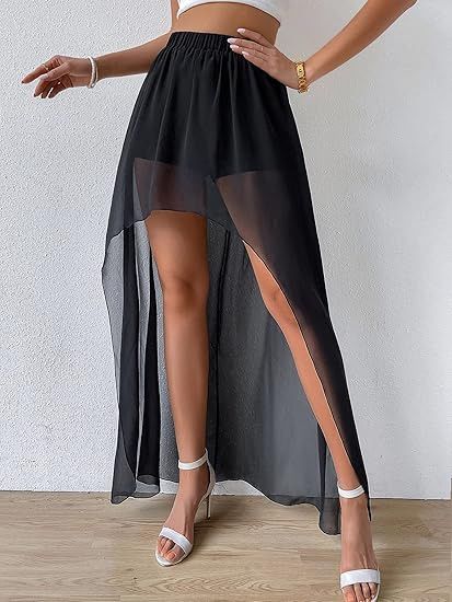 Verve Women's Elastic Waist Beach Cover-Up Sexy Sheer Mesh Split Midi Skirt_ecoleips.com