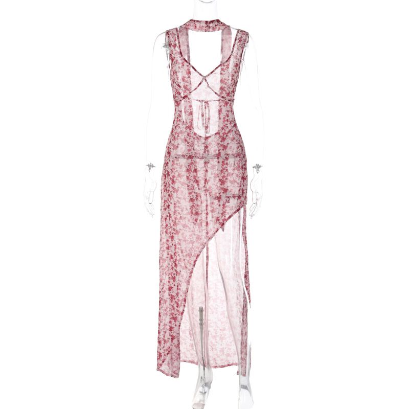 2026 Summer Hot New Women's Fashion Spaghetti Strap Floral Sexy Backless Split Tie Dress Wholesale_ecoleips.com