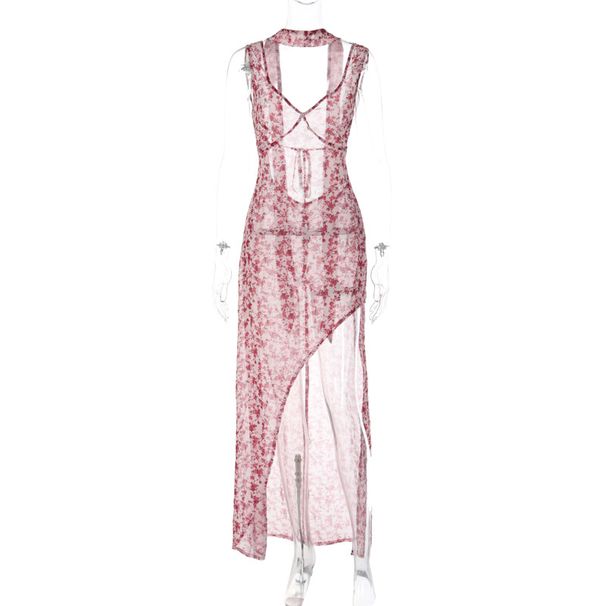 2026 Summer Hot New Women's Fashion Spaghetti Strap Floral Sexy Backless Split Tie Dress Wholesale_ecoleips.com