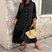 Women's Pure Black Button Down Shirt Collar Dress Casual Loose Full Skirt Autumn Middle East Style_ecoleips.com