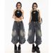 Regular Unbranded Summer Design Sense Multi-Pocket Cargo Denim Capri Shorts Women Straight Pants High Waist_ecoleips.com
